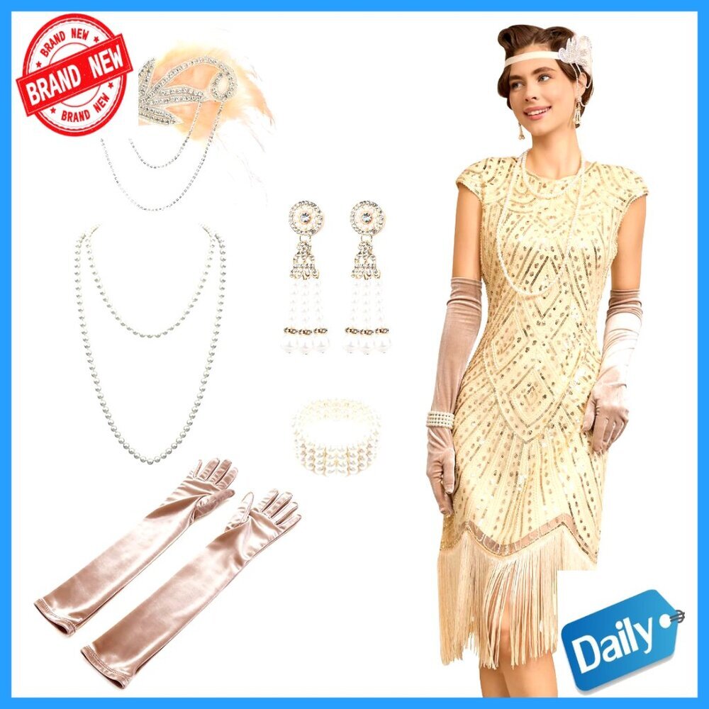 1920s Flapper Dress with Accessories Set, Sequin Fringe Vintage Costume